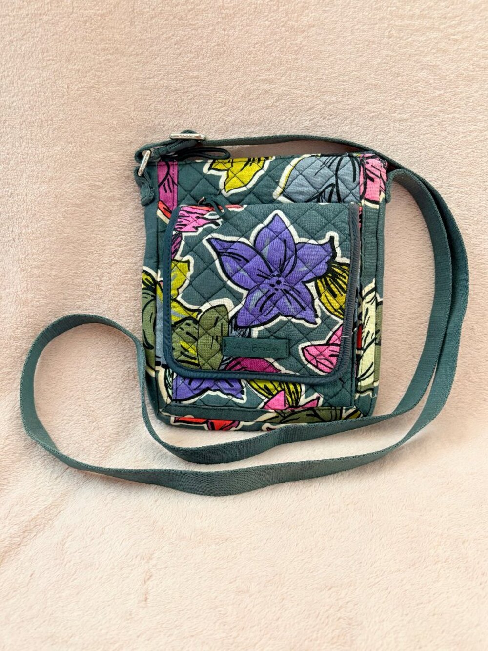 Vera Bradley Falling Flowers Green Fabric Mini Battery Wallet Crossbody Bag